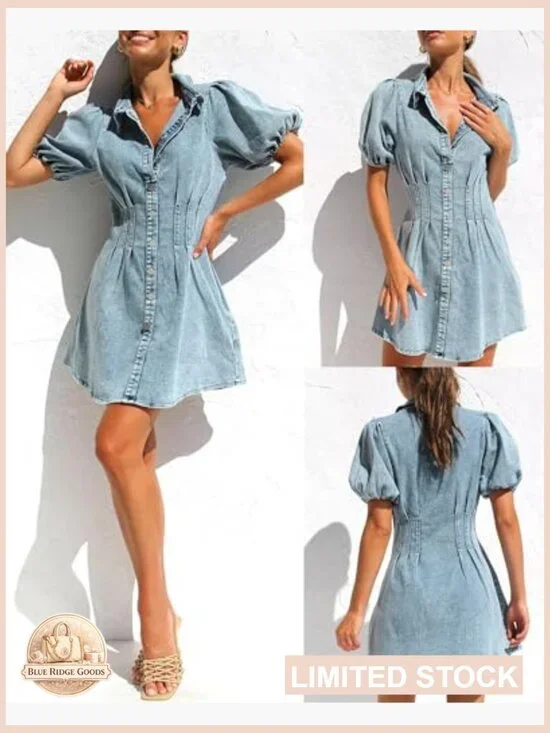 Puff Sleeve Denim Dress Slim Fit Casual Summer Mini A-Line Collared - Picture 5 of 7